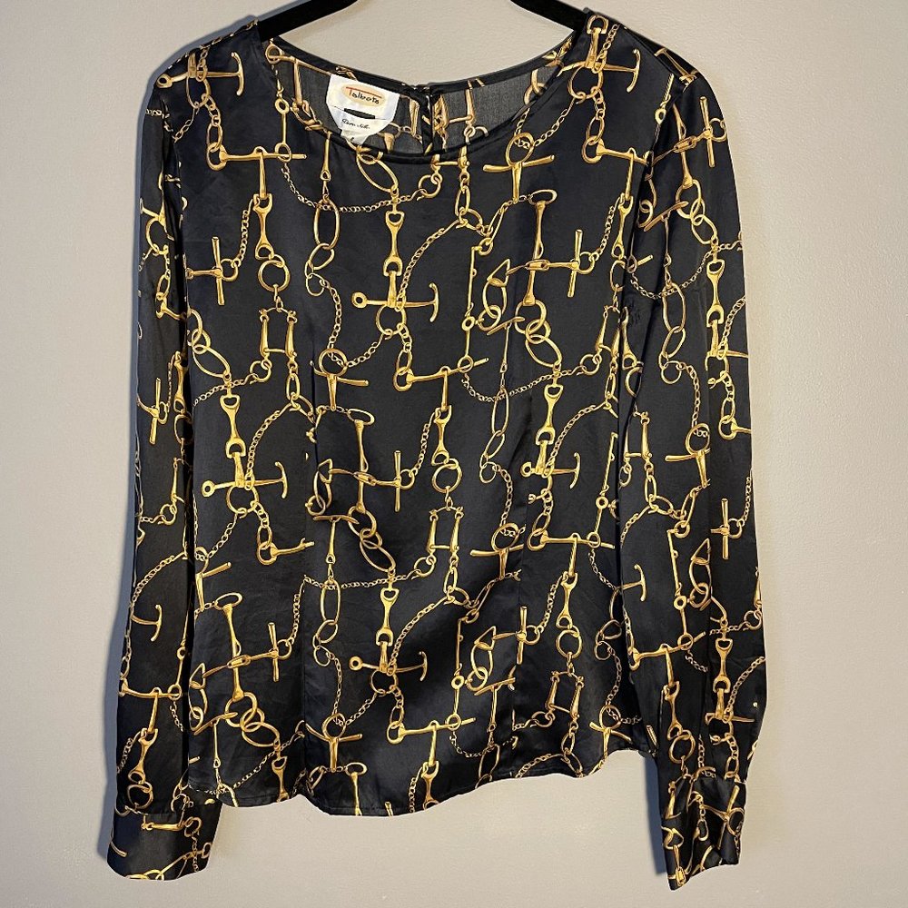 Talbots Pure Silk Black Gold Chain Long Sleeve Blouse